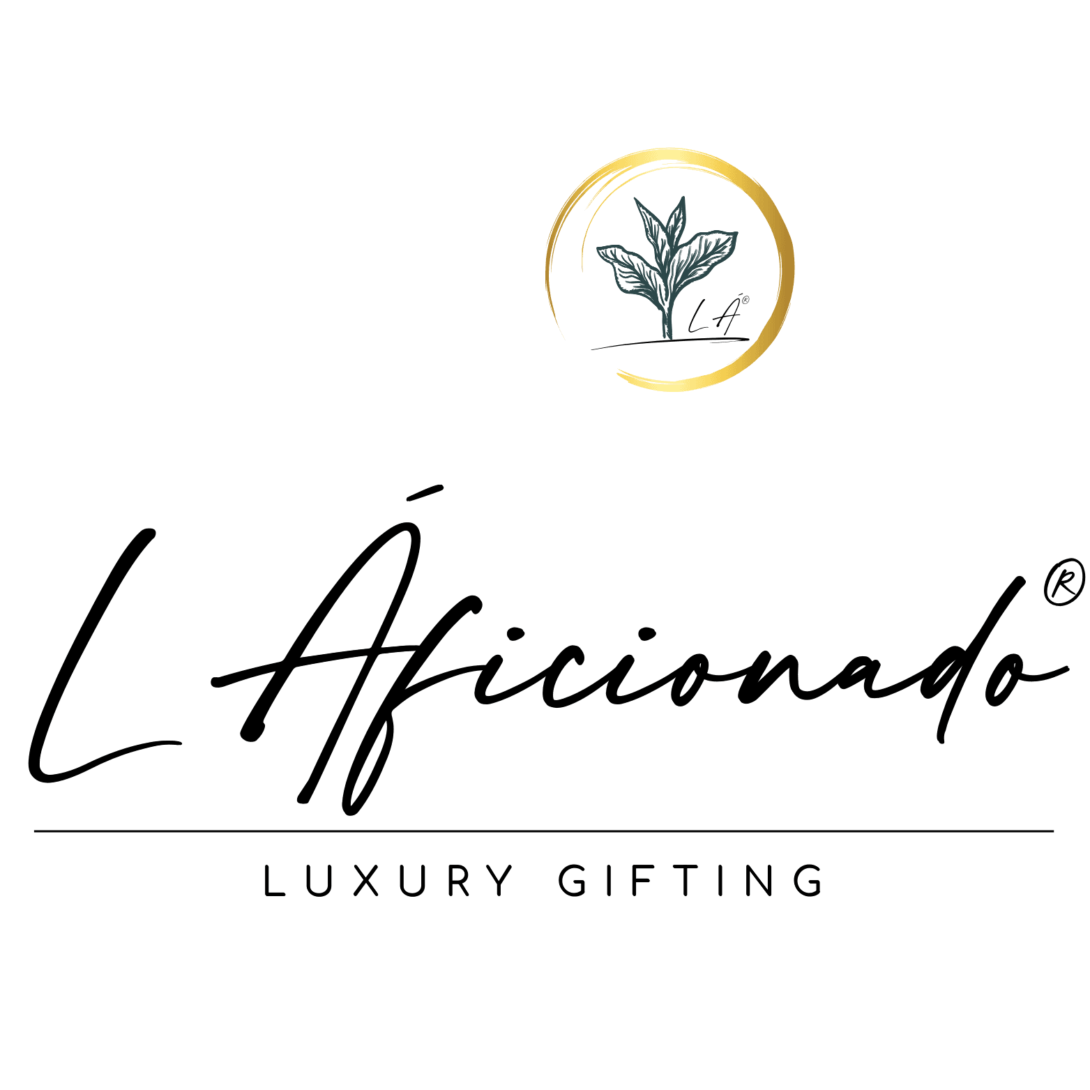 l aficionado markenlogo mit schwarzer schrift und goldener baumikone auf weißem hintergrund